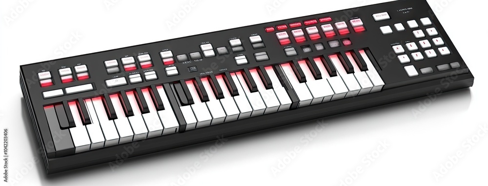 Poster explore the sleek design of a digital keyboard with a minimalistic style featuring white keys and st