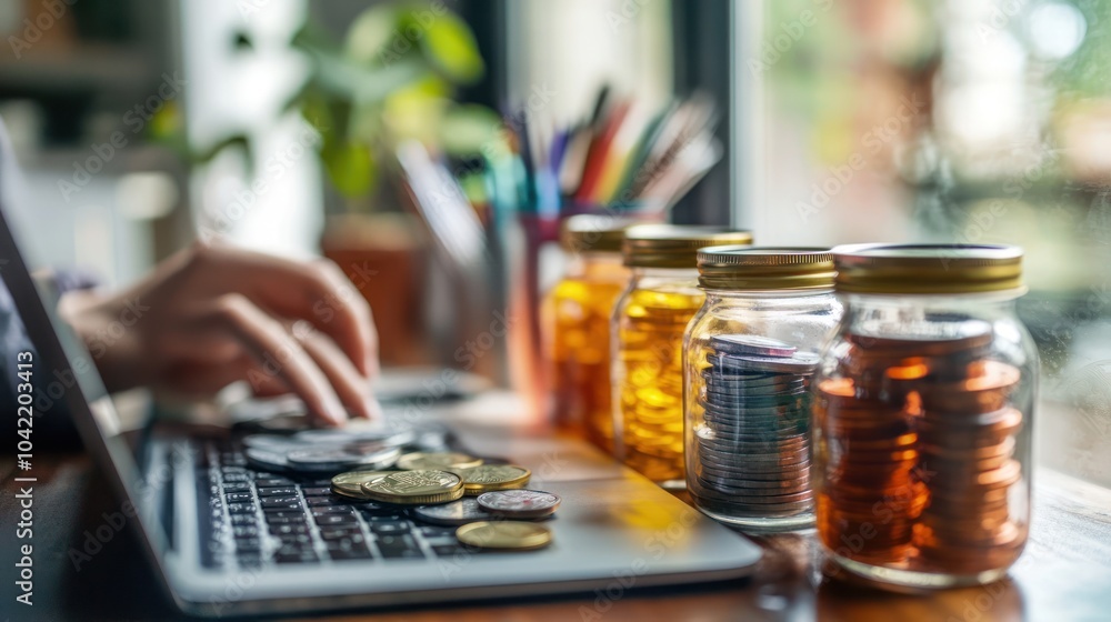 Poster a person working on a laptop computer with a stack of coins on the keyboard and glass jars full of c