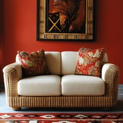 Closeup of an Ethnic Style Sofa with Wicker and Rattan Accents, Painting on a Red Wall and Ethnic Rug