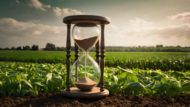 Campo cultivado junto a un reloj de arena