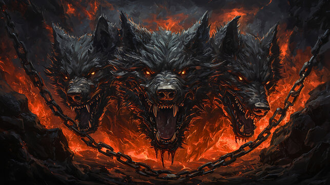 Cerberus, from Greek mythology, guards the souls of the underworld. He is bound in strong chains and surrounded by terrifying hellfire, serving as the fearsome three-headed dog of the underworld.
