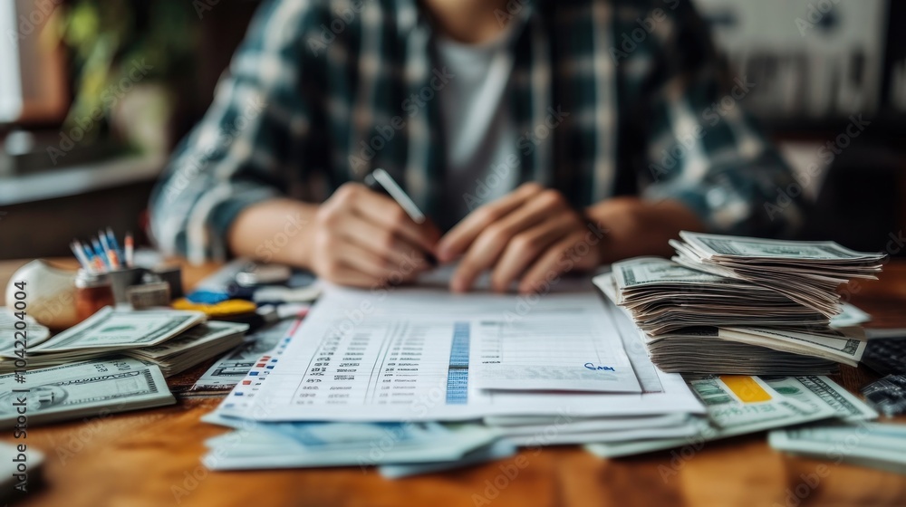 Poster a person is sitting at a table with a stack of cash and a document. they are writing on the document