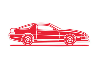 Line art profile of a classic car from the 80s