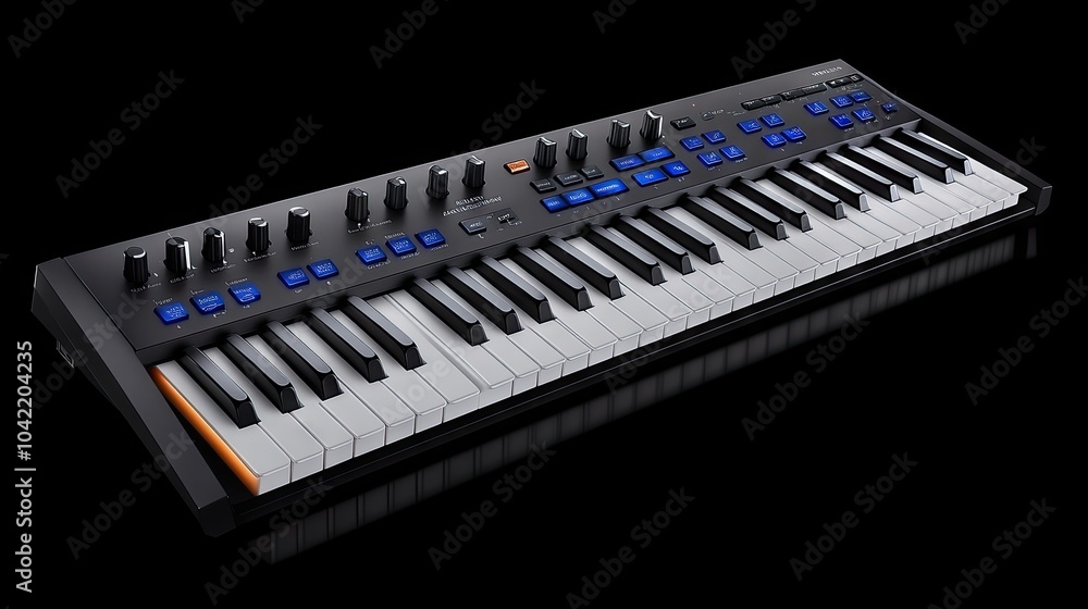 Poster elegant black keyboard with white keys showcased on a soft backdrop, highlighting modern design and 