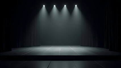 Obraz premium modern theater stage with sleek black flooring, minimalistic backdrop, and soft white lighting illuminating the stage, creating a moody ambiance.