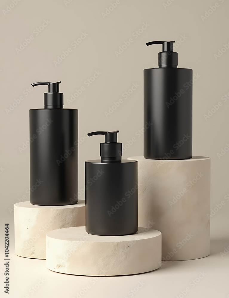 Aufkleber natural stone pedestal displays black cosmetic bottles with 3d rendering illustrations for product p