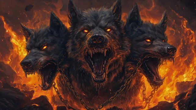 Cerberus, the hellhound or guardian of the underworld in Greek mythology, is a fearsome three-headed dog known for his immense power. He watches over the gates of the underworld.