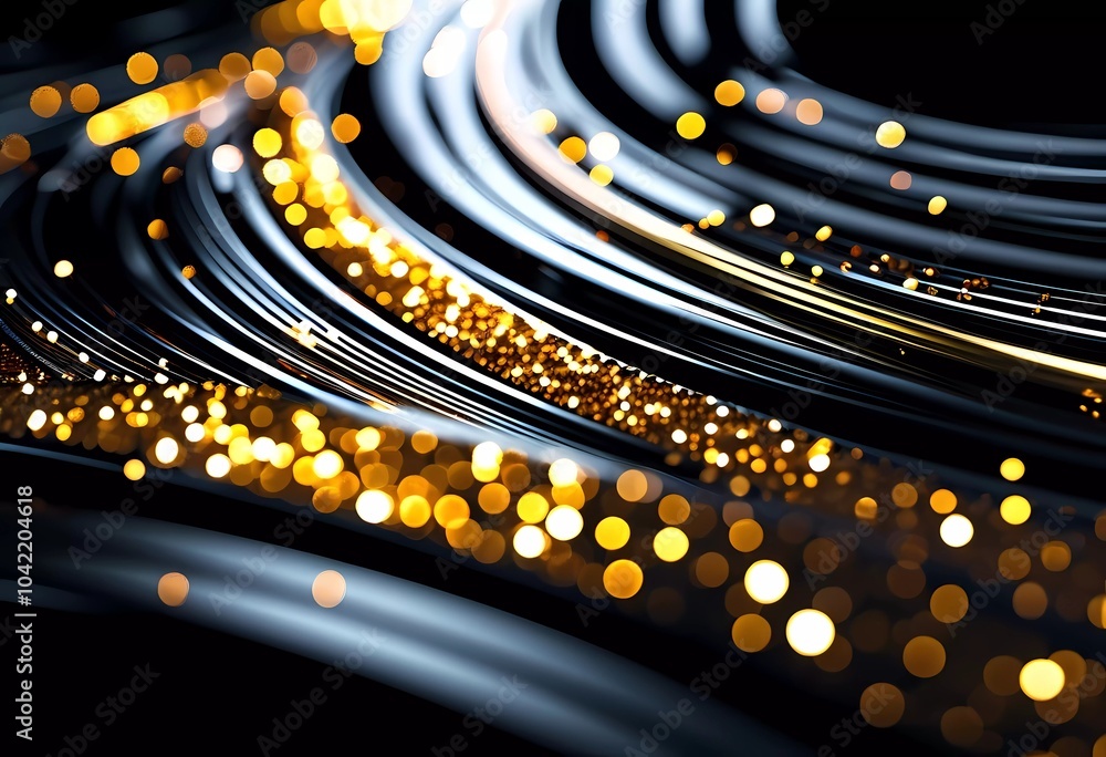 Poster fluid smooth lines intertwining on a deep black background, enriched by vibrant colors and a captiva