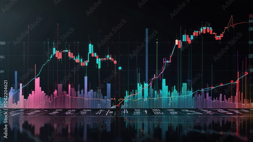 Poster a futuristic, high-tech dashboard displaying a stock market chart with an upward trend. the data is 