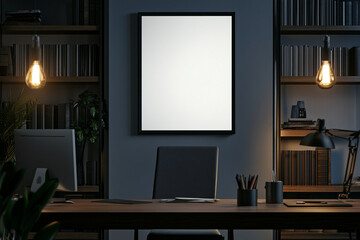 Modern office interior with blank framed poster on wall, visible desk with computer, bookshelves and hanging lights in background. Real photo.