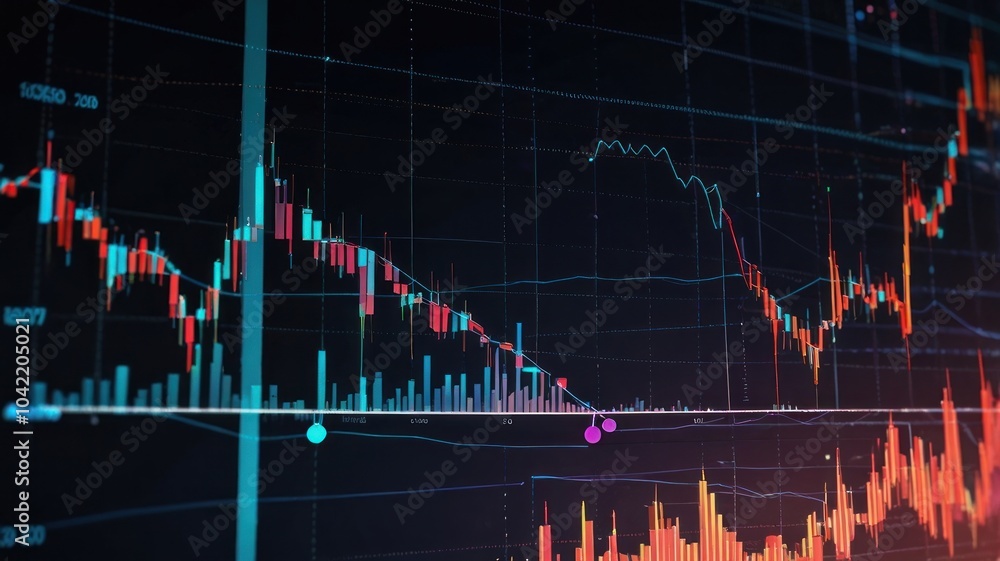 Poster a close-up shot of a computer screen displaying a stock market chart with red and blue lines fluctua