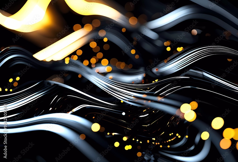 Poster fluid smooth lines intertwining on a deep black background, enriched by vibrant colors and a captiva