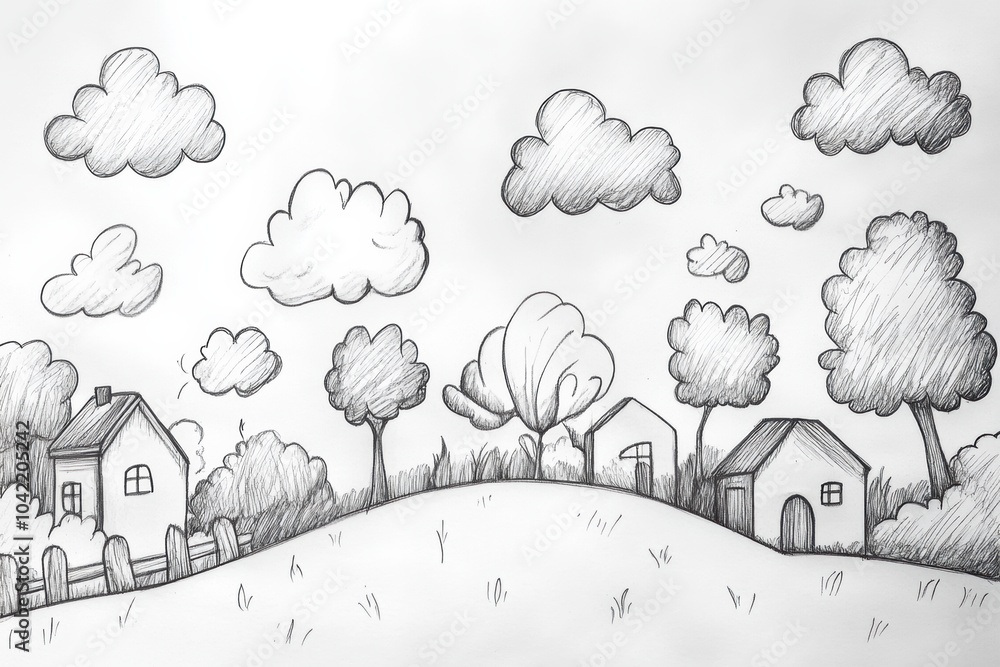 Poster delightful hand-drawn doodles depict clouds, trees, and houses in a whimsical, quick sketch style, c
