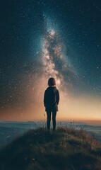 Obraz premium A person standing on a hill, looking at the Milky