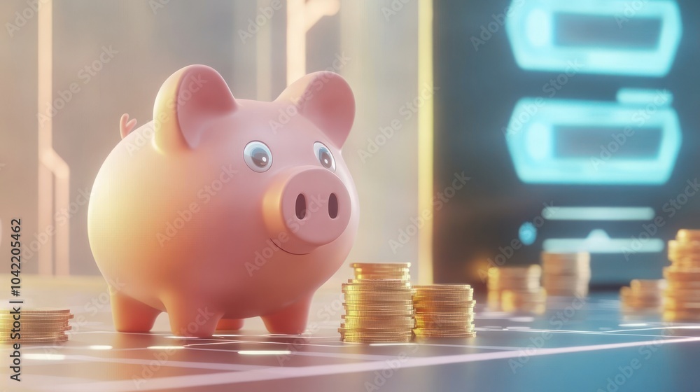 Poster a pink piggy bank with large ears and a happy expression stands in front of a stack of gold coins, r