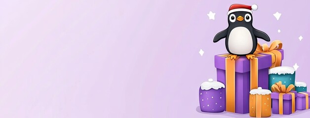 Adorable baby penguin in a Santa hat snuggled inside a festive Christmas gift bag with colorful presents