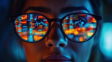 A close-up of a person's face wearing glasses with a screen reflecting in them. The reflection shows data and code.