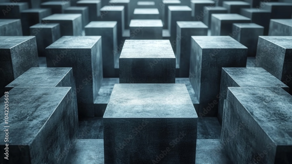 Poster A series of concrete cubes are arranged symmetrically, creating a striking visual effect in a minimalist setting. The cool tones enhance the contemporary design.