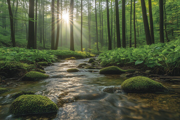 Peaceful Forest Scene with Sunlight Streaming Through Trees and Flowing Stream, Capturing the Tranquil Atmosphere of Nature’s Beauty