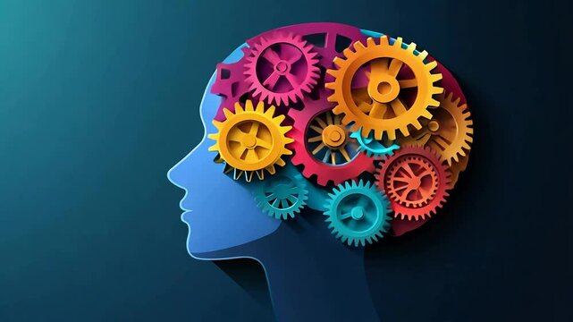 Human head profile with colorful gears working inside brain, symbolizing thinking process, creativity and intelligence