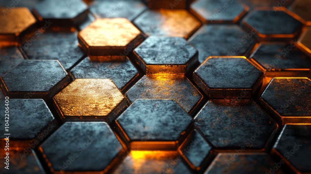 Aufkleber hexagonal tiles made of metal are tightly arranged on a surface, reflecting warm light and showcasin