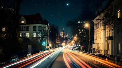 A nighttime photograph of the skyline, with lights on houses and street light trails