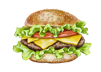 Delicious, tasty burger. Cutlet, cheese, tomato slice, fresh lettuce leaves in a sesame bun. For fast food restaurants, burger shops, snack bars. For menu design, advertising, stickers and key chains