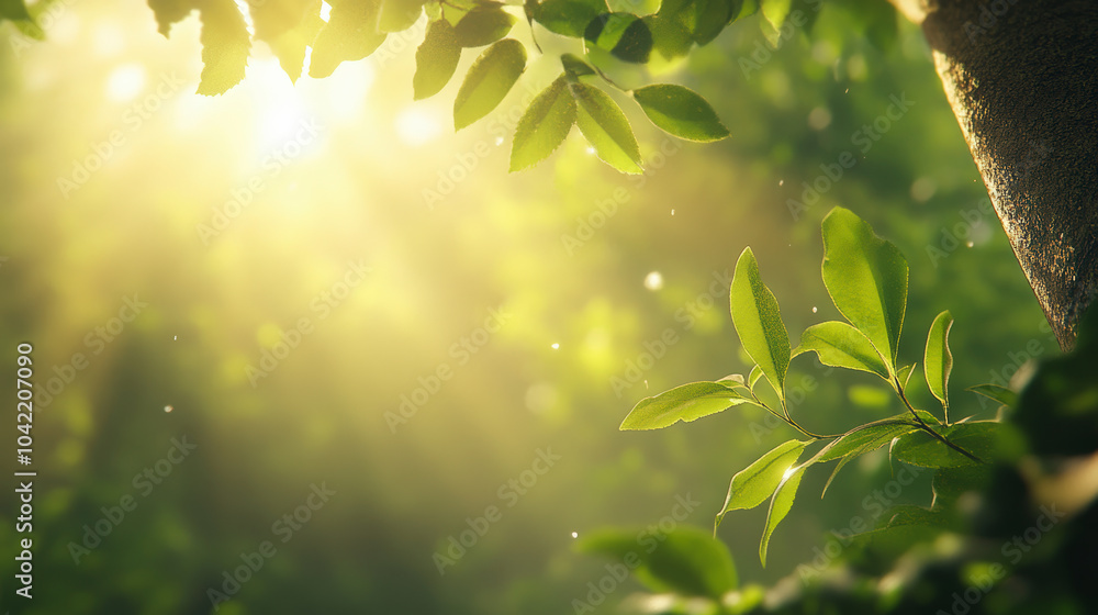 Poster sunlight filters through lush green leaves in a tranquil forest setting, creating a serene and peace