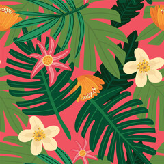 Seamless pattern with hand-drawn tropical plants in bright colors