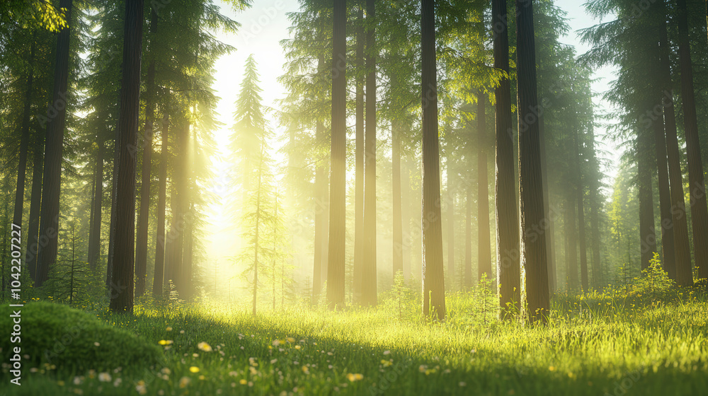 Poster sunlight streams through a lush forest, casting a warm glow on tall trees and a carpet of green gras