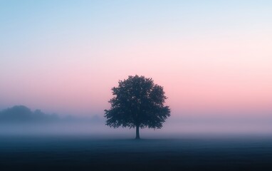Obraz premium A solitary tree stands silhouetted against a pastel sky at dawn, surrounded by a misty field creating a serene and ethereal atmosphere