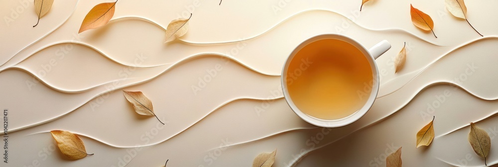 Aufkleber delicate tea cup rests on a soft, flowing surface with gentle waves and scattered leaves, inviting a