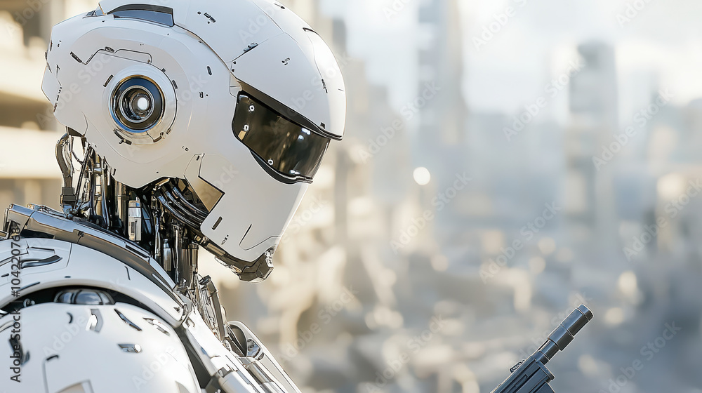 Poster a futuristic robot stands amidst a blurred, urban background, showcasing advanced technology and mec