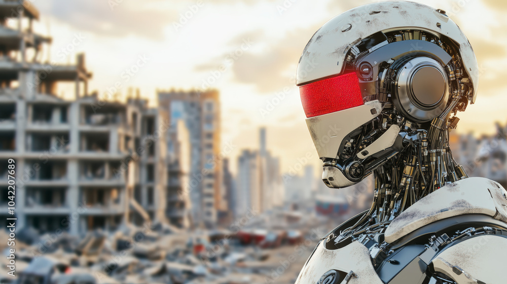 Poster a futuristic robot with a red visor stands in a post-apocalyptic urban landscape, surrounded by part