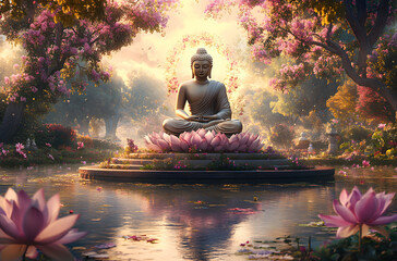 A digital painting of Buddha sitting on a lotus flower in the middle of a beautiful garden with trees and flowers, a calm lake beneath him