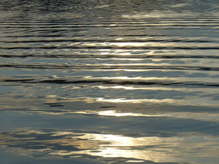 Surface of water and texture of gentle waves and reflections of sunlight during sunset - natural background. Topics: pattern, abstraction, nature, sea water, ocean water, lake water, peace