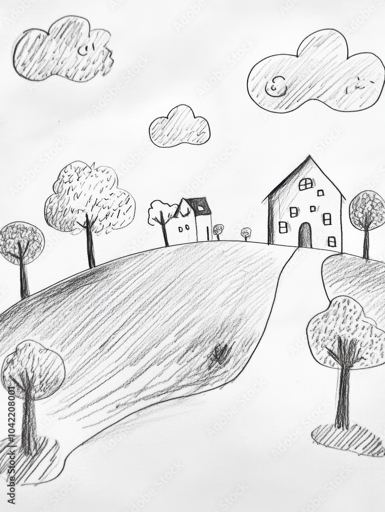Poster a whimsical pencil sketch features simple doodles of trees, clouds, and charming houses on a rolling