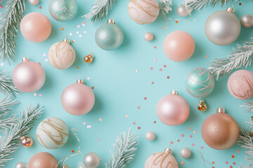 Fantasy Christmas background made of Christmas toys and tree branches. Celebration concept. Flat cozy background.