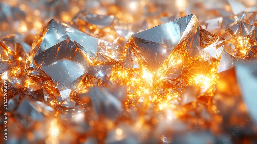 Poster glistening gemstones reflect a warm glow, showcasing their intricate facets. the interplay of light 