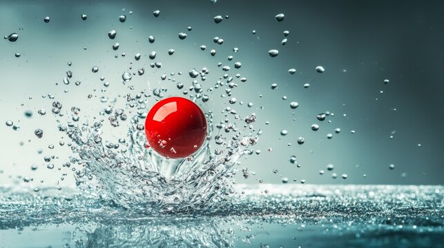Red ball splashing into water with droplets