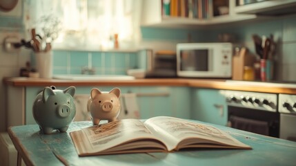 Two piggy banks on a cookbook in a kitchen.