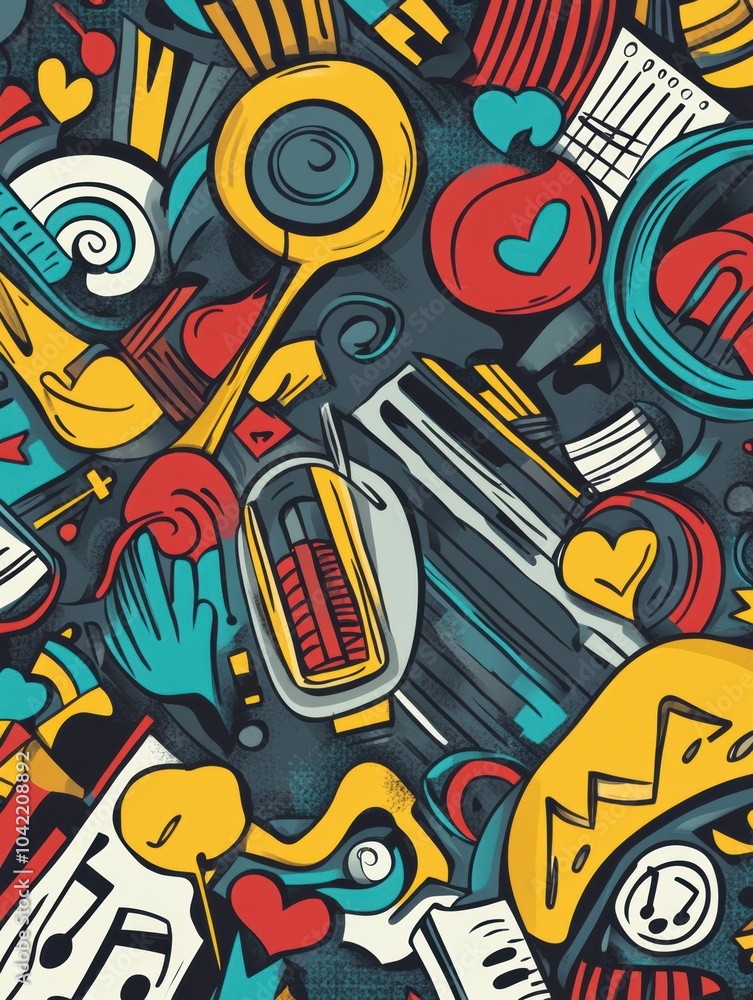 Leinwandbilder a vibrant collection of musical doodles showcases instruments, notes, and sound waves, creating an a