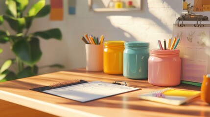 A clean and organized desk with colorful jars filled with pens and pencils, a clipboard with a blank page, and a notebook, with sunlight streaming in.