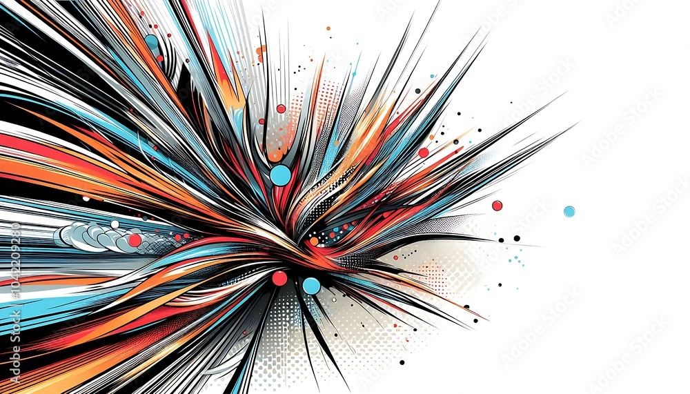 Poster an explosion of colors and lines, creating a dynamic abstract composition with vibrant hues and geom