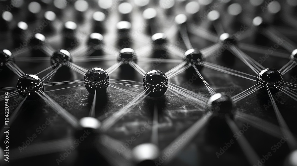 Fototapete Interconnected black spheres and lines form a complex network, illustrating a molecular or atomic representation that emphasizes depth and structure in a dark setting.