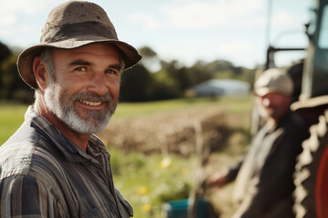 Fototapeta premium Smiling farmer working in the field wearing a hat, enjoying a sunny day on the farm with a friend in the background. Generative AI
