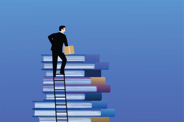 Businessman standing on a ladder, climbing a stack of books, representing the importance of knowledge and skills for career success.