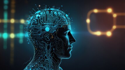 A digital rendering of a human head with circuit boards inside.