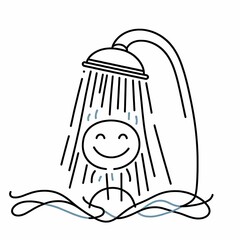 Smiling stick figure under shower, black and white line art, hand-drawn illustration, bathroom and hygiene concept.
