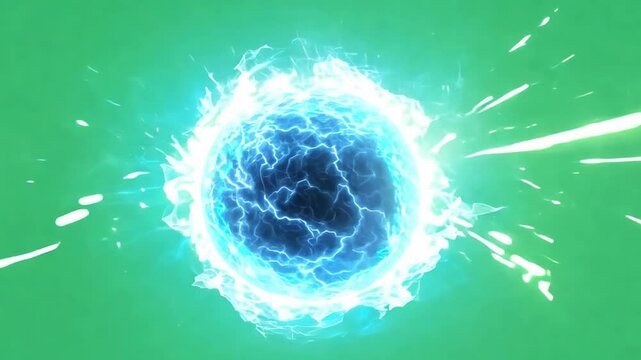Blue Electric Energy Sphere animation on Greenscreen Background, blue lightning ball power, generative ai